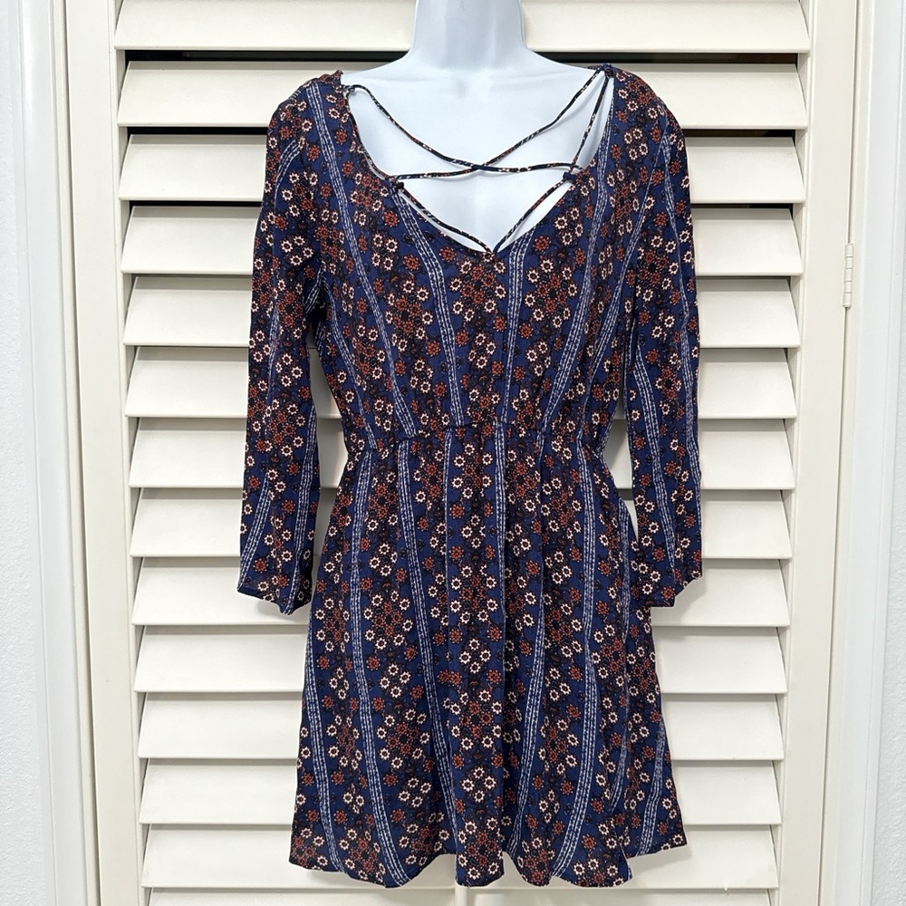 Forever 21 Navy and Orange Floral Long Sleeve Dress